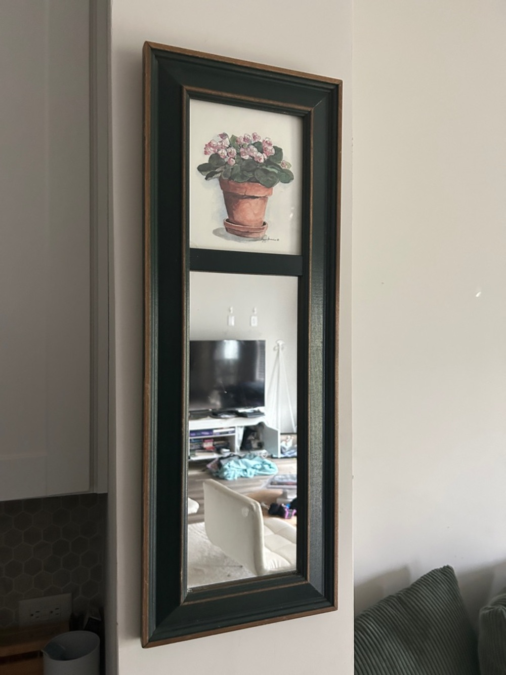Framed Wall Mirror with Floral Accent - Black and Gold Trim